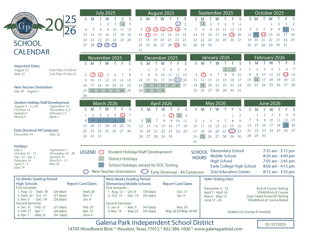  2025-26 GPISD Academic School Calendar